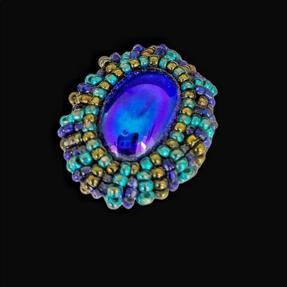 Hand beaded royal blue glass cabs turquoise gold glass bezel pierced earrings - Picture 5 of 13